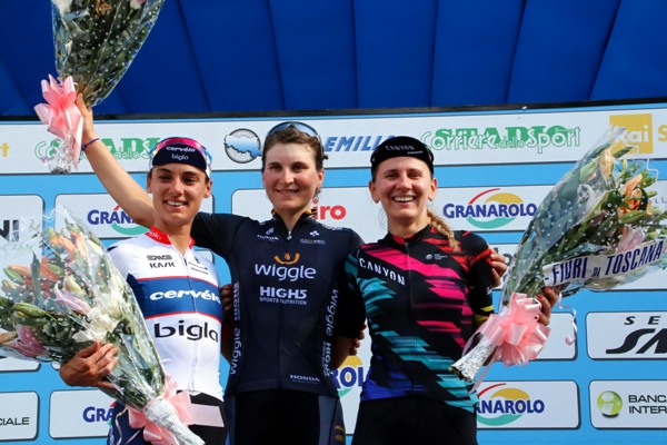 Da sx Moolman, Longo Borghini e Amialiusik, Podio 3 Giro dell'Emilia Donne Elite (Photobicicailotto)